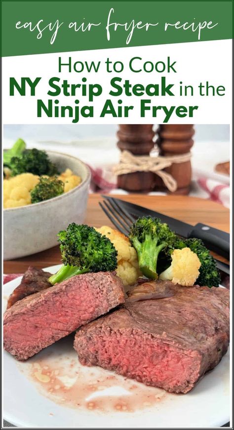 This Ninja Air Fryer NY Strip Steak recipe is the best way to make a juicy steak. Ninja Foodi New York strip recipe makes the best air fryer steak. This Ninja Foodi New York strip steak recipe is a great way to cook a delicious and juicy steak indoors. The air fryer cooks the steak quickly and evenly, resulting in a perfectly cooked steak. #ninjafoodiNYstripsteak #NYStripsteakintheninjaairfryer #airfryerstripsteak Air Fryer Ny Strip Steak, Steak Ninja Foodi, Steak Indoors, Ny Strip Steak Recipes, Broiled Steak, New York Strip Steak, Strip Steak Recipe, Ninja Air Fryer, Fried Steak Recipes