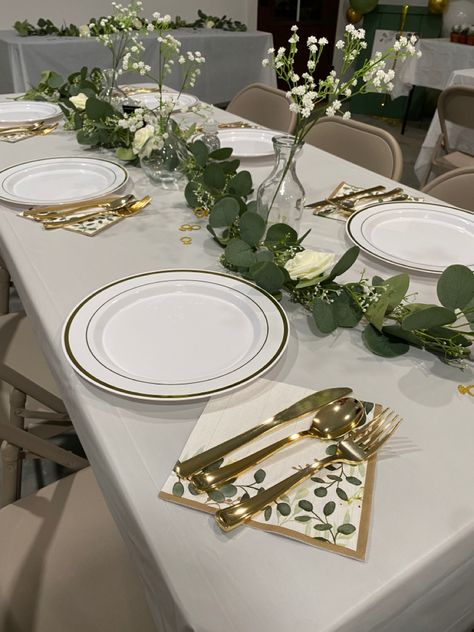 White Green And Gold Table Setting, Eucalyptus Dinner Table Decor, Bridal Shower Theme Greenery, Green Plants Party Theme, Eucalyptus Birthday Party Decor, White Green Gold Birthday Theme, Green Table Party Decorations, Green Gold White Party Decor, 18th Birthday Party Green And Gold