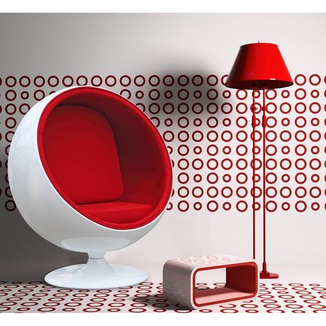 Also known as the Globe Chair, this 1963 design is a classic piece of industrial design. The spherical molded fiberglass shell and matching fiberglass swivel base are an instantly recognisable icons of mid-century space-age design. The fabric lined interior shell creates a plush private space Overall Dimensions: 49"H x 42"W x 37"D Color: Red Weight: 50 Fiberglass White Shell Baddie Room, Funky Chairs, Ball Chair, Unique Chair, Funky Home Decor, Eclectic Bedroom, Chair Types, Red Interiors, Chair Fabric