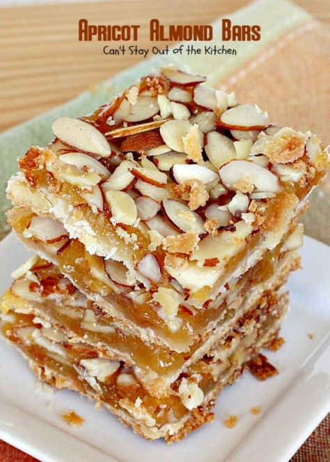 Almond Bars Recipe, Apricot Filling, Bars Dessert, Apricot Recipes, Almond Bars, Cookie Bar Recipes, Bars Recipe, Sliced Almonds, Almond Recipes