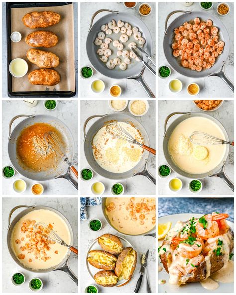 Shrimp Stuffed Baked Potatoes, Shrimp And Potatoes Recipes, Baked Potatoes With Shrimp, Shrimp Baked Potato Recipe, Shrimp Stuffed Potatoes, Shrimp Baked Potato, Stuffed Seafood, Creamy Cajun Sauce, Shrimp Potatoes