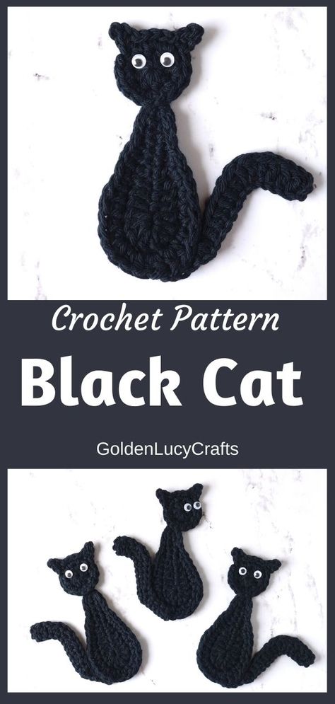 Crochet black cat pattern, Halloween applique, free crochet pattern. Crochet motif, embellishment, Halloween decor, #crochet, #crochetpattern, #crochetapplique, #crochetproject Pumpkin Sweaters, Black Cat Crochet Pattern, Amigurumi Basics, Crochet Cat Applique, Black Cat Crochet, Crochet Black Cat, Crochet Cards, Thanksgiving Crochet, Cat Crochet Pattern