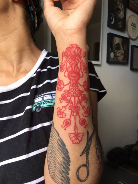 Red Brown Tattoo, Red Stamp Tattoo, South Indian Tattoo, Red Writing Tattoo, Red Ink Tattoos On Black People, Red Ink Tattoos For Women, Overlapping Tattoos, Red Tattoo On Black Women, Healing Tattoos For Women