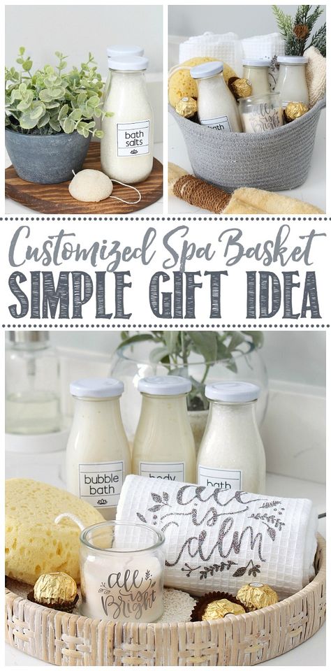 Diy Bath Gifts, Diy Spa Gifts Baskets, Gifts With Cricut, Diy Spa Kit, Spa Baskets, Gift Basket Diy, Diy Spa Gifts, Bath Gift Basket, Spa Basket