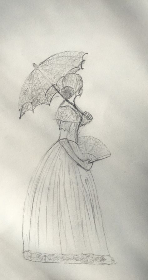 Drawing Inspo Meaningful, Fancy Drawings Sketch, How To Draw Victorian Dresses, 18th Century Illustration, How To Draw A Fan, Vintage Style Drawing, Bridgerton Drawing Ideas, Old Dress Drawing, Old Fashion Drawing