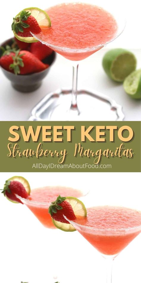 Easy keto strawberry margaritas are a refreshing beverage on a hot summer day. No added sugar and only 6g net carbs per serving! Keto Margaritas, Lowcarb Drinks, Keto Margarita, Strawberry Drink Recipes, Keto Wine, Keto Beverages, Carb Cycle, Strawberry Margaritas, Keto Favorites