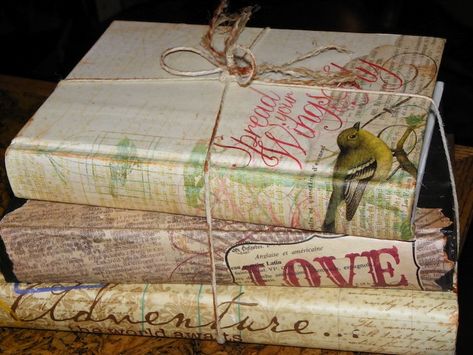 Decoupaging over old books | Deja Vue Designs - scrapbook paper and twine Old Book Crafts, Upcycle Books, Paper Magic, Creative Accessories, Painted Books, Upcycled Crafts, Old Book, Book Projects, Diy Book