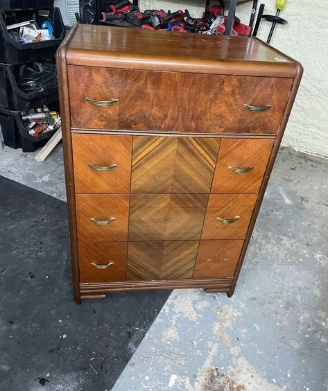 Cintage Dresser, Waterfall Dresser Redo, Waterfall Buffet Makeover Ideas, Antique Vanity Dresser Makeover, Refurbished Waterfall Dresser, Waterfall Chest Of Drawers Makeover, Redo Chest Of Drawers, Vintage Dresser Styling, Waterfall Dresser Makeover Before After