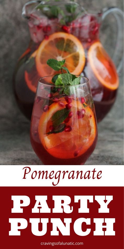 A stemless wine glass full of pomegranate party punch is in front of a clear glass pitcher of punch. Pomegranate Punch Alcohol, Thanksgiving Pomegranate, Pomegranate Punch, Party Punch Recipe, Punch Drink, Thanksgiving Punch, Party Punch Recipes, Coctails Recipes, Thanksgiving Drinks