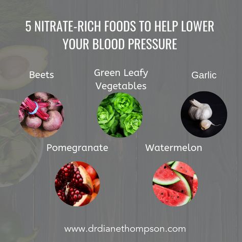 5 Nitrate-Rich Foods to help lower your blood pressure: Beets, Green Leafy Vegetables, Garlic, Pomegranate, Watermelon. Nitrate Rich Foods, Green Leafy Vegetables, Lower Your Blood Pressure, Health Transformation, Beet Greens, Wellness Industry, Leafy Vegetables, Heart Problems, Lower Blood Pressure