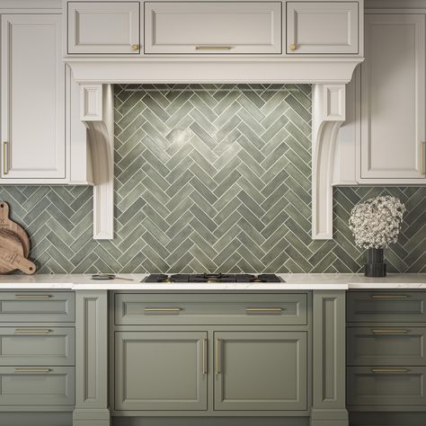 Laurel Fern Porcelain Stain Tile Renzo Jade Tile, Kitchen Backsplash Green Tile, Maple And Green Kitchens, Green Herringbone Backsplash, Light Green Backsplash Kitchen, Organic Modern Kitchen Backsplash, Kitchen Backsplash Green Cabinets, Green Marble Kitchen Countertops, White And Green Kitchen Cabinets