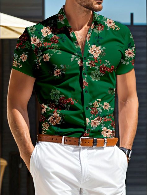 Men Short Sleeve Floral Print Button-Down Casual Shirt Dark Green Boho  Short Sleeve Polyester Floral,Plants,All Over Print Shirt Non-Stretch Summer Men Clothing, size features are:Bust: ,Length: ,Sleeve Length: Pattern Shirt Outfit, Dressy Casual Wedding, Dark Green Boho, Flower Pattern Shirt, Mens Dress Outfits, Shirt Outfit Men, All Over Print Shirt, Men Shirts, Mens Dress