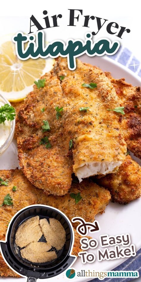 Air Fryer Tilapia served on a white round plate Tilipa Recipes Easy Air Fryer, Frozen Talipia Recipes Airfryer, Talpia Fish Air Fryer, Airfryer Tilapia Recipes, Frozen Tilapia Air Fryer Recipes, How To Cook Flounder Filets In Air Fryer, Easy Talapia Ideas Air Fryer, Talipia Air Fryer, Air Fried Tilapia Recipes