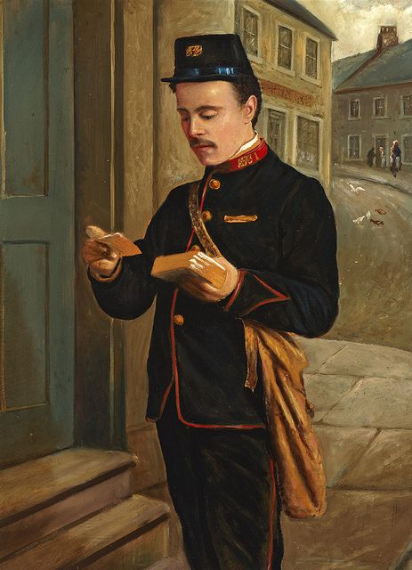 ''Portrait of a Postman (Alex Buchanan)''1900-1912 by Thomas Patterson Blue Uniform, The Postman, Going Postal, Gold Cap, Short Essay, Postal Worker, You've Got Mail, Working People, Bbc Radio