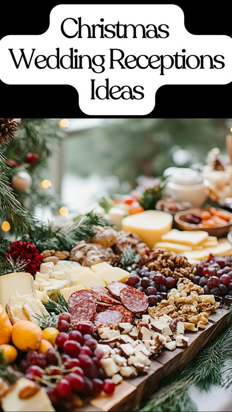 Festive Christmas wedding charcuterie board with spiced nuts, cheeses, and seasonal fruits, adding elegance and warmth to a holiday reception. Christmas Wedding Appetizers, Charcuterie For Wedding Reception, Christmas Appetizer Display, Christmas Party Food Display, Charcuterie Wedding Display, Charcuterie Board Wedding Reception, Christmas Wedding Reception Ideas, Christmas Wedding Reception, Elegant Christmas Wedding