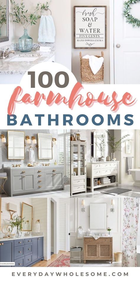 Farmhouse Bathrooms and Bathroom Decor Ideas & inspiration for your next redecorating or remodel project. Bathroom ideas, decor, remodel, decor ideas, organization and tile ideas for your Master or guest bathroom. Use for sophisticated child's bathroom. Farmhouse bathroom decor, ideas, design, vanity bathrooms, signs, trays, counter decor and more ideas. #bathroom #farmhousebathroom #bathroomdecor #bathroomideas #bathroomvanity #farmhousebathrooms #signs #bathroomsigns #rugs #lighting #bath Farmhouse Bathroom Pictures, Bathroom Wall Decor Ideas Farmhouse, Country Style Bathroom Ideas Farmhouse, French Country Bathroom Accessories, Farmhouse Style Bathroom Ideas, Bathroom Remodel Ideas Farmhouse, Gray Farmhouse Bathroom, Bathroom Remodel Country, Country Bathroom Decor Ideas