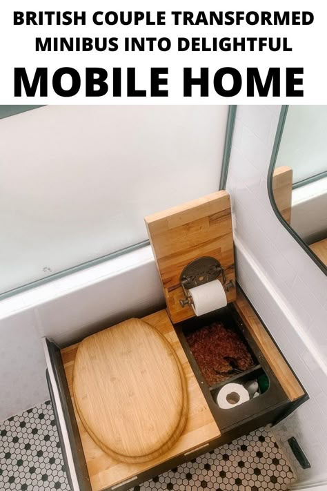 This minibus conversion features a large bed with a heated mattress and built-in storage, rattan-style overhead cabinets, a well-equipped kitchen, a slide-out composting toilet and a a waterfall shower Van Conversion Toilet, Diy Composting Toilet, Mercedes Vario, Hidden Toilet, Cleaning White Walls, Chic Shack, Van Storage, Tiny Camper, Mobile Home Living