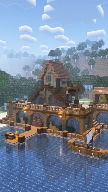 Fisherman’s House Minecraft, Minecraft Lakeside Cottage, Minecraft Fishing Dock House, Minecraft Boat Storage, River Minecraft House, Minecraft Costal Village, Minecraft Water Village Ideas, Dock Design Minecraft, Fishing Docks Minecraft