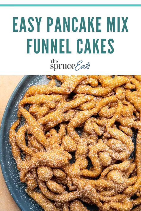 A funnel cake covered in powdered sugar on a blue plate. Pancake Mix Funnel Cake, Funnel Cake At Home, Funnel Cake Batter, Easy Pancake Mix, Funnel Cake Recipe Easy, Funnel Cake Bites, Homemade Funnel Cake, Pancake Mix Recipe, Easy Pancake