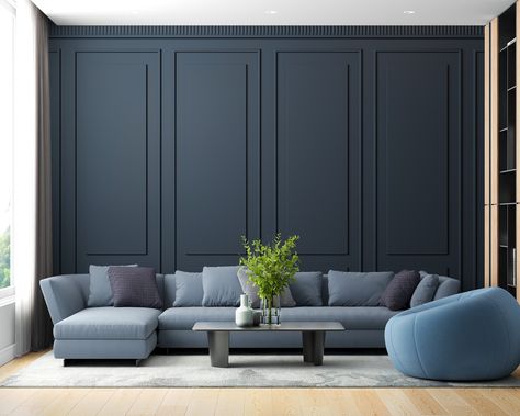 "Modern Dark Blue Wood Panels Wall Mural, Custom sizes, colors and designs MATERIALS: * VINYL ON NON WOVEN BACKING * PASTE THE WALL APPLICATION - premium material * Matte, durable material with two layers: vinyl (PCW) and non- woven fabric. The thickest of materials, really durable and good looking. Requires a glue for application (any glue for a non-woven wallpapers), but the application is easier than traditional, cause you can apply the glue only on wall (you don't have to apply glue on the wallpaper sheets). It is washable and may be apply on humid interiors like bathrooms, kitchens and commercial spaces. * PEEL AND STICK, REMOVABLE - SELF ADHESIVE WALLPAPER - premium material * Easy stick, completely removable, matte fabric. You can easily hang it by yourself with the little help of o Navy Panelled Wallpaper, Navy Panelled Wall, Board And Batten Blue Wall, Slate Blue Accent Wall Living Room, Blue Paneled Walls, Dark Blue Decor Living Room, Living Room Dark Blue Accent Wall, Dark Navy Accent Wall Living Room, Navy Blue Wainscoting