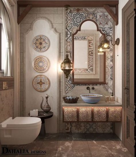 Moroccon Bathrooms Ideas, Riad Bathroom Moroccan Style, Morroco Aesthetic Bathroom, Moroccan Powder Bathroom, Moracon Bathroom, Moroccon Bathrooms Tiles, Morocco Bathroom Design, Spanish Villa Interior Bathroom, Blue Spanish Bathroom