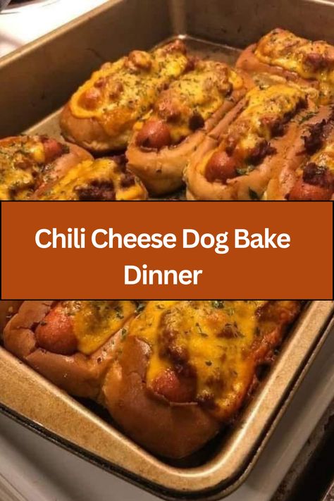 Chili Cheese Dog Bake Dinner Brocoli And Cheese, Chili Cheese Dog Bake, Baked Chili Cheese Dogs, Oven Baked Bread, Bake Dinner, Baked Hot Dogs, Chili Cheese Dogs, Hot Dog Chili, Apple Fritter Bread