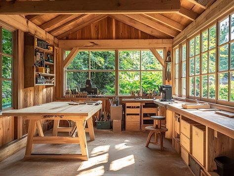 Garden Workshop Interior, Potting Shed Design, Art Studio Garden, Garden Workshop Ideas, Inside Garden Room, Outdoor Work Space, Garden Studio Ideas, Garden Office Ideas, The Quiet Place