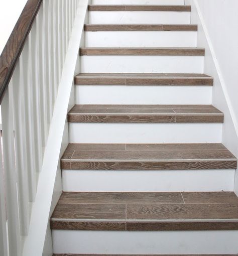 Farmhouse Staircase, Tiled Staircase, Wood Plank Tile, Tile Stairs, Stair Remodel, Staircase Railings, Diy Stairs, Wooden Staircases, Coastal Living Rooms