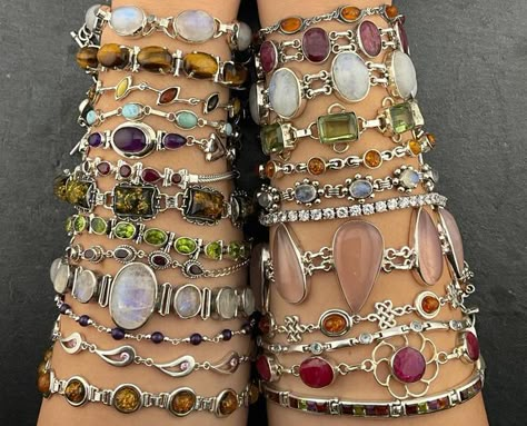 GalleonTreasures on Instagram: "Just Gone Live! 🌟🥳🌟 Vintage Sterling Silver Natural Gemstone Bracelets - Moonstone, Amber, Tiger’s Eye, Peridot, Topaz, Citrine, Ruby, Garnet, Pearl, Citrine & Diamond  Shop Here : https://www.etsy.com/uk/shop/GalleonTreasures   #jewellery #jewelry #silver #sterling #sterlingsilver #sterlingsilverjewelry #vintagejewellery #etsy #etsyshop #bracelet #bracelets #heavyjewellery #gift #giftideas #gifts #love #lover #lovers #etsyshop #etsyseller #etsyfinds #etsysellersofinstagram #etsyjewelry #etsystore #silverjewelry #treat #selflove #recycledfashion #recycled #beautiful #shiny" Thrift Inspo, I'm With The Band, Piercings Jewelry, Dope Jewelry, Funky Jewelry, Jewelry Lookbook, Pretty Jewelry, Diamond Shop, Fashion Business