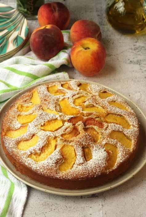 Peach Olive Oil Cake Recipe Easy Peach Cake, Fresh Peach Cake, Oil Cake Recipe, Olive Oil Cake Recipe, Summer Foods, Peach Cake, Oil Cake, Olive Oil Cake, Fresh Peaches