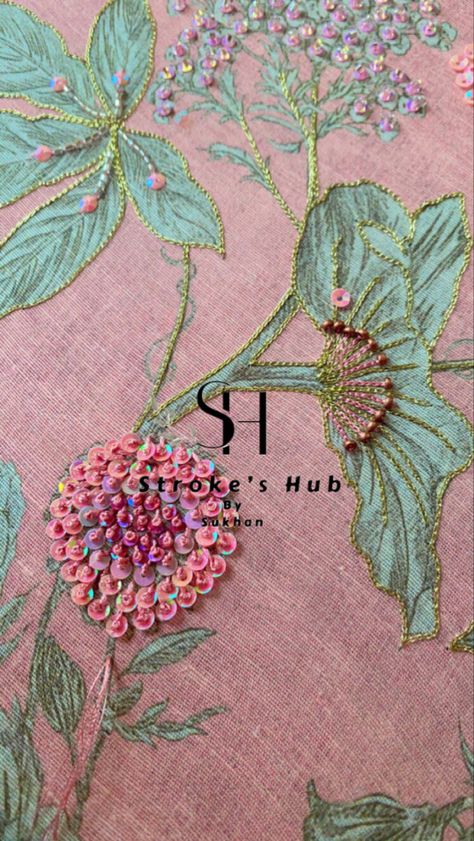 Embroidery Highlights On Prints, Floral Sequin Embroidery, Handwork On Printed Fabric, Print Highlight Embroidery, Highlight Embroidery Work, Sequins Embroidery Pattern Design, Creative Embroidery Ideas, Embroidery With Sequins, Knot Embroidery