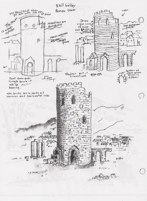 Adron's Art Lesson Plans: How to Draw the Old Roman Tower Roman Drawings, Ink Drawing Techniques, Teacher Art, Sketching Tips, Building Sketch, Pen Art Drawings, Perspective Art, Architecture Drawing Art, Watercolor Projects