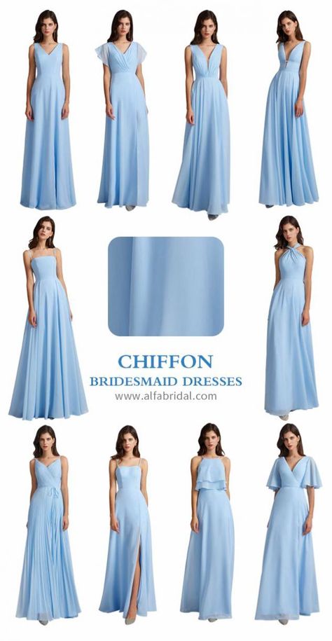 Chiffon bridesmaid dresses are available in more colors. #wedding #weddings #weddingcolorideas #bridesmaiddresses #2021 #weddinginspiration #bridesmaids #bridalparty #maidofhonor #weddingideas #weddingcolors #chiffonbridesmaiddresses #alfabridal Bridesmaid Dress A Line, Chiffon Gown Bridesmaid, Long Sleeve Bridesmaid Dress Blue, Breidsmed Dress, Periwinkle Dress Bridesmaid, Blue Chiffon Evening Dress, Bridesmaid Dresses Design Style, Bresmaid Dresses, Mid Length Bridesmaid Dresses