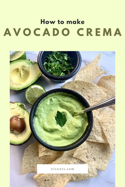 Avocado Crema is a creamy and versatile sauce that blends avocado, greek yogurt, lime, and garlic and other ingredients together. It’s easy to make and comes together in 5 minutes! Perfect for dipping, tacos, bowls, or even salads. This creamy avocado crema is delicious and a perfect topping or dip! Avocado Cream Sauce For Tacos, Dipping Tacos, Cream Sauce For Tacos, Avocado Cream Sauce, Cilantro Tacos, Dip For Tortilla Chips, Crema Recipe, Crispy Baked Chicken Wings, Cilantro Lime Shrimp