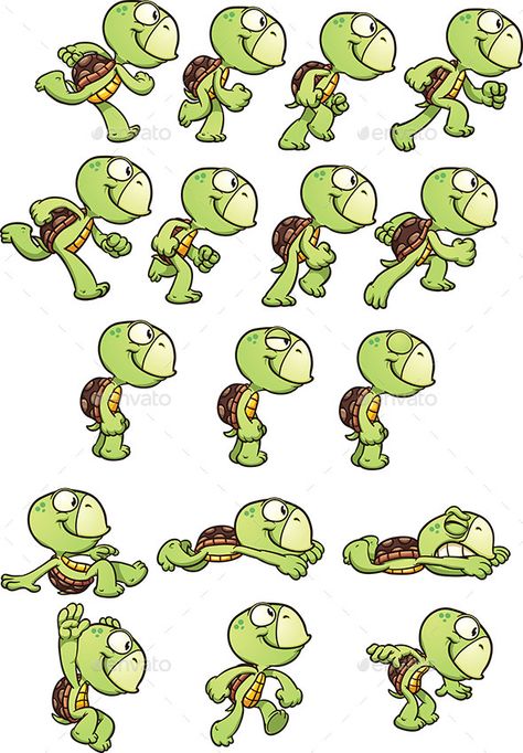 Cartoon turtle sprites ready for animation. Vector clip art illustration with simple gradients. Each element on a separate layer. Turtle Character Design, Layer Illustration, Turtle Character, Turtle Vector, Turtle Sketch, Turtle Cartoon, Art Deco Tattoo, Board Game Template, Word Template Design