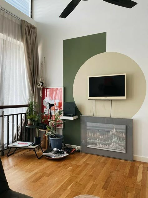 Circle Colour Block Wall, Shape Painted Wall, Circles Wall Paint, Paint Blocks On Wall, Semi Circle Accent Wall Paint, Painted Shapes On Wall Bedroom, Color Blocked Accent Wall, Block Painted Walls, Colour Block Tv Wall