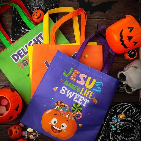 Cute and Unique Pattern Design: our Halloween religious theme tote bags trick or treat gift bags are decorated with various and colorful patterns, including cartoon pumpkin pattern, candy pattern, etc, printed with [JESUS IS SO SWEET], [JESUS MAKE LIFE SO SWEET], [DELIGHT YOURSELF IN JESUS] pattern, vibrant colors and Halloween themed patterns make them eye catching, cute and creative, 
#ad Christian Halloween Gifts, Christian Halloween, Halloween Gift Bags, Easter Treat Bags, Easter Bags, Easter Religious, Novelty Bags, Trick Or Treat Bags, Halloween Trick Or Treat