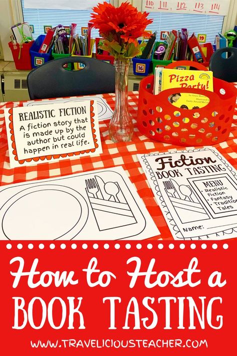 A book tasting is a totally doable room transformation your students will go crazy over! Click to check out tips about how to make a book tasting come to life in your classroom! Room Transformation | Writing | Literacy | Education | Primary | Elementary | Fiction | Classroom Ideas | Classroom Inspo | Classroom Decor | Classroom Transformation | English Language Arts #BookTasting #Reading Book Tasting Kindergarten, Reading Party Ideas Classroom, Reading Restaurant, Publishing Party, Reading Bingo, Book Tasting, Decor Classroom, Classroom Transformation, Library Activities