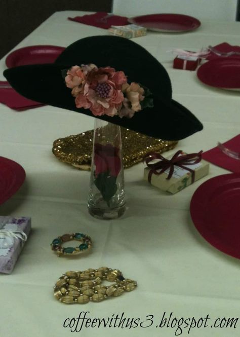 Big Hat Brunch, Ladies Event, Antique Hat, Alice Tea Party, Ladies Luncheon, Antique Hats, Simple Centerpieces, Easy Jewelry, Big Hat