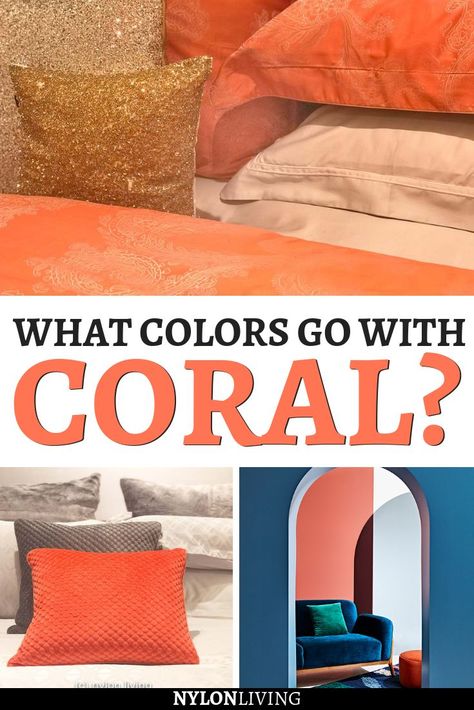 So have you heard that Living Coral is the Pantone Colour of the Year for 2019? But what are coral complimentary colors? Paired with neutrals, a coral color scheme really packs a punch. Try adding coral to gray for a softer look. Also, coral color works well with strong colors like teals and navys. Check out the best coral combinations colour palettes. #coral #livingcoral #pantone #pantone2019 #pantonecolor #pantonecoloroftheyear #colorcombos #colorcombinations Coral And Yellow Living Room, Coral Rug Bedroom, Coral And Blue Kitchen, Coral And Turquoise Bathroom, Coral And White Bedroom, Teal And Salmon Bedroom, Coral Accents Bedroom, Coral Dining Room Walls, Blue And Salmon Color Scheme