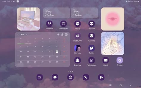 Tablet Layouts Aesthetic, Samsung Tablet Wallpaper Aesthetic, Tablet Homescreen, Samsung Homescreen Layout Ideas, Tablet Aesthetic, Samsung Aesthetic, Tablet Organizer, Ipad Lockscreen, Cute Small Drawings