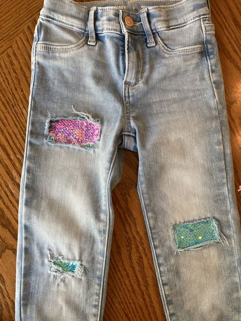 Sequin Jeans Diy, Sequin Fabric Ideas, Embellished Jeans Diy, How To Sew Sequins, Embroidered Jeans Diy, Mermaid Sequin Fabric, Kids Denim Shorts, 60s Party, Sequin Sandals