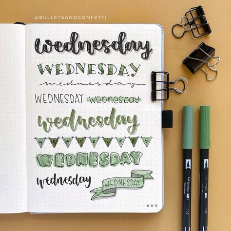 Silje | Bullet journalist on Instagram: “Wednesday header ideas ✨ I think Wednesday has such beautiful letter cobinations, but it’s a bit long... so I always end up writing “Wed”…” Wednesday Header, Wednesday Journal, Bujo Fonts, Header Ideas, Journal Lettering, Bullet Journal 2019, Bullet Journal Notes, Lettering Ideas, Bullet Journal Notebook