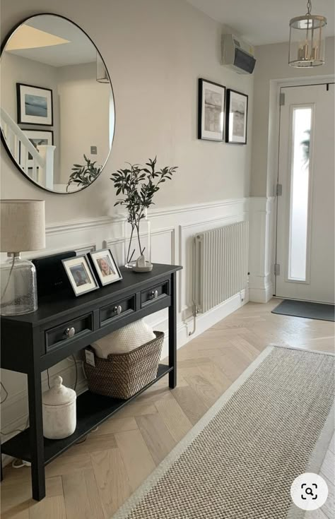 New Build Entrance Hall Ideas, Best Colour For Walls, Hallway Panelling With Mirror, Panelling In The Hallway, Hallway Ideas Large, Entry Hallway Panelling, Passage Panelling Design, Downstairs Landing Ideas, Home Interior Design Hallway