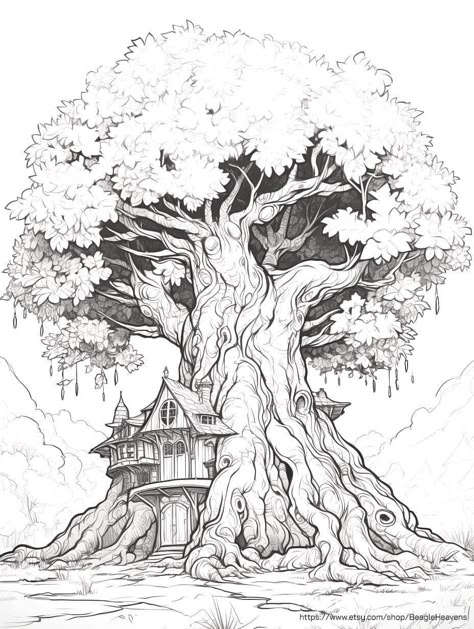 Free Printable Pictures, Tree House Drawing, Fineliner Art, Printable Coloring Pages For Kids, Adult Coloring Designs, Art Drawings Sketches Pencil, Printable Pictures, Grayscale Coloring, House Drawing