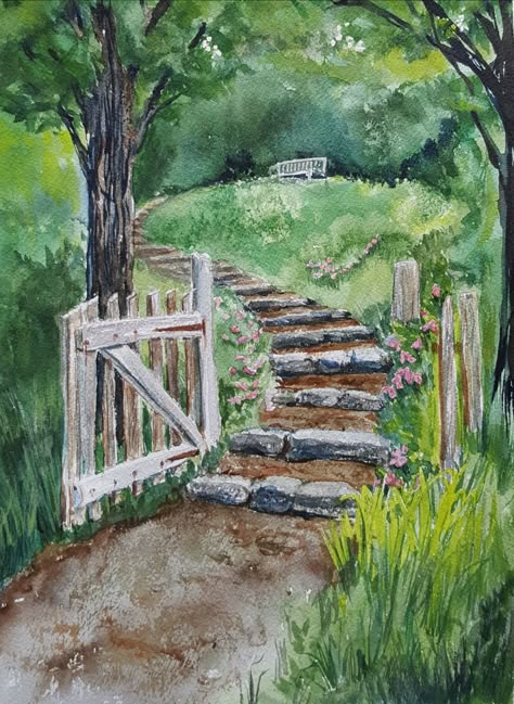 Watercolor Scenery, Canvas For Beginners, Garden Drawing, Small Canvas Paintings, Canvas Drawing, Canvas Drawings, Easy Canvas Painting, Cottage Art, Acrylic Painting For Beginners