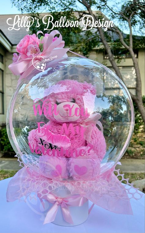 Valentines Bobo Balloon Ideas, Bobo Balloon With Stuffed Animal, Stuffed Balloon Ideas Gifts, Valentine Bobo Balloons, Stuffed Balloons Valentines, Clear Balloon Ideas Valentines, Valentines Day Stuffed Balloons, Valentines Candy Gifts, Stuffed Balloons For Mother’s Day