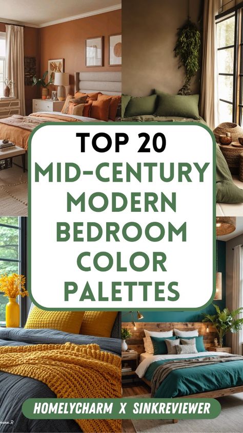 From soft terracotta to deep olive, these iconic tones capture the essence of vintage charm with a modern twist. Mid-century modern bedroom color palettes blend warm woods, retro patterns, and bold hues, perfect for a timeless aesthetic that feels fresh yet nostalgic. Bring a seamless mix of comfort and style to life. Mid Century Modern Bedroom Colors, Mid Century Modern Color Palette, Modern Bedroom Colors, Mid Century Modern Colors, Bedroom Colour Palette, Bedroom Interiors, Mid Century Modern Bedroom, Modern Color Palette, Bedroom Color