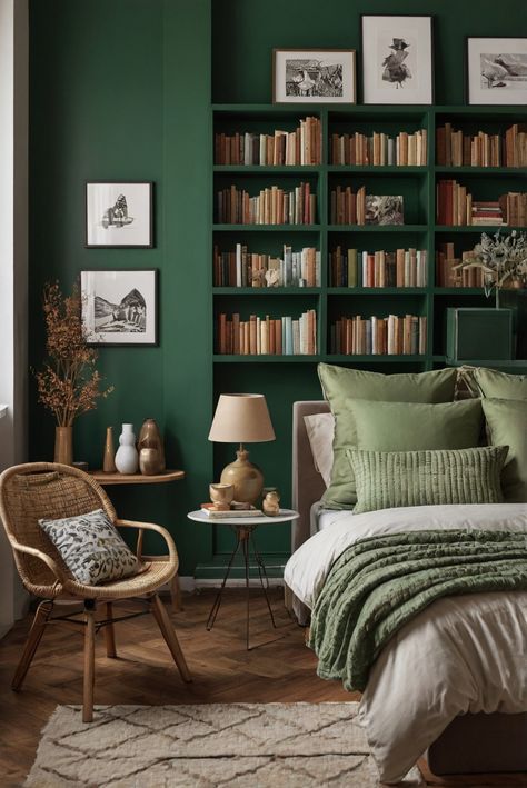 interior decorating, home design, bedroom decor, home makeover Bookshelves Behind Bed, Bedroom With Bookshelf, Library Bedroom Ideas, Bedroom Library Ideas, Room With Bookshelves, Dark Green Rooms, Bedroom Library, Fall Furniture, Library Bedroom