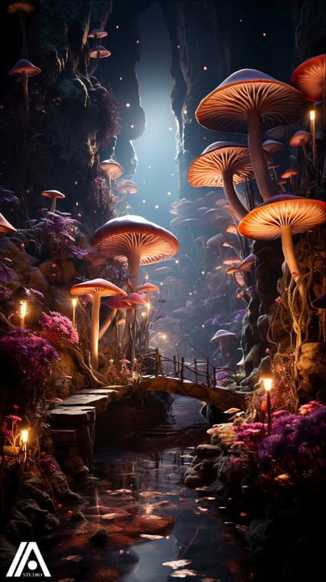 Giant Mushroom Forest, Fantasy Mushroom Forest, Fairy Mural, Alice In Wonderland Mushroom, Fx Animation, Giant Mushroom, Glowing Mushrooms, Dark Forest Aesthetic, Mushroom Wallpaper